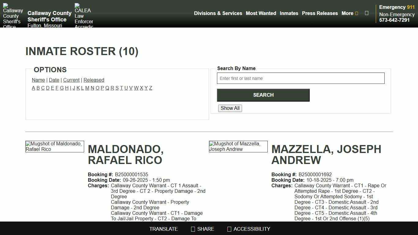 Inmate Roster - Current Inmates Alpha M - Callaway County Sheriff's Office, Missouri